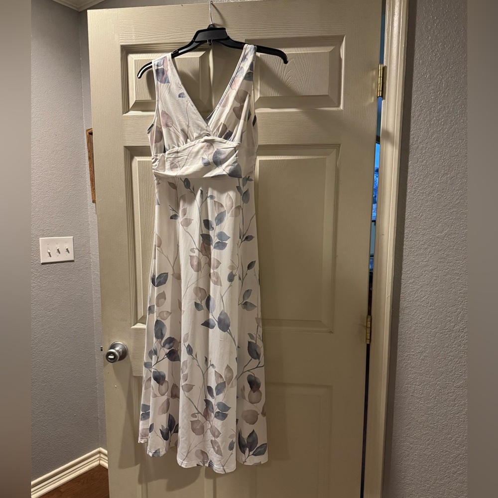 Elegant Floral Midi Dress - White and Blue length is 51” from top to bottom.